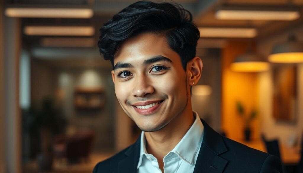 A sleek, professional profile picture showing a confident individual in smart casual attire. The subject is framed head-and-shoulders, set against a soft, blurred background featuring an office environment with warm, inviting lighting. The foreground highlights the subject's facial features, emphasizing a friendly smile and clear eyes. The camera angle is slightly above eye level, giving the impression of approachability while maintaining authority. The lighting creates a soft glow around the subject, enhancing their expression. The mood is friendly yet polished, perfect for social media profiles. The image captures the essence of professionalism and warmth, ideal for personal accounts seeking to update their online presence.