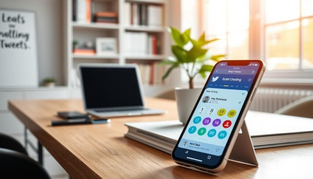 A smartphone displaying a sleek mobile app interface for scheduling tweets, set against a clean, modern workspace. In the foreground, the phone screen is illuminated, showcasing a vibrant design with colorful buttons and easy navigation, depicting a mockup of the scheduling feature. In the middle ground, a well-organized desk is visible, featuring a stylish laptop and a potted plant, creating a productive atmosphere. In the background, soft-focus bookshelves with books and motivational quotes hint at a professional environment. Natural sunlight filters in through a nearby window, creating warm, inviting lighting. The mood is focused and energetic, emphasizing productivity and modern technology in daily life.