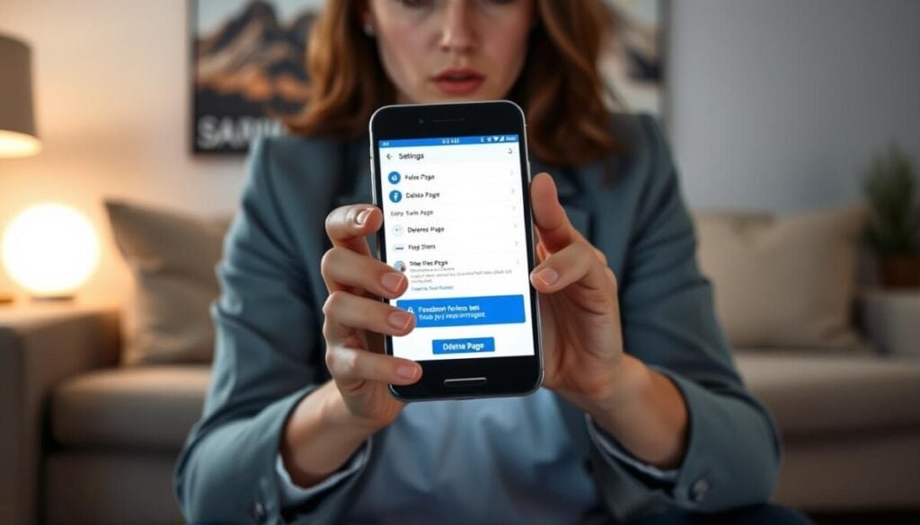 A smartphone displaying the Facebook app interface, specifically focusing on the "Delete Page" option. In the foreground, the hands of a person, dressed in smart casual attire, are holding the phone, with a concerned but determined expression on their face. The middle ground features the illuminated screen showcasing a visually accessible layout of the Facebook settings, highlighting the 'Delete Page' button. In the background, a cozy living room setting with soft lighting and a minimalist design creates an atmosphere of introspection and decision-making. The overall mood should convey a sense of urgency and clarity, emphasizing the significance of the action being taken. The image should be well-lit to present a crisp and clean look, using a slightly angled perspective to draw attention to the phone screen.