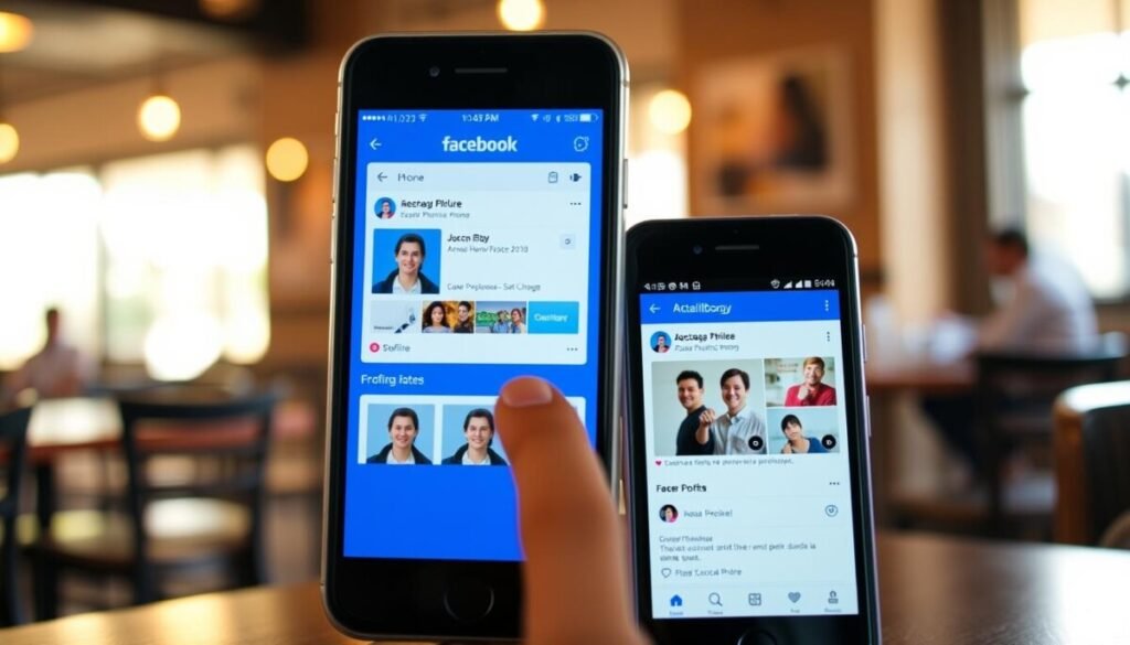 A smartphone screen displaying the Facebook app, focused on the "Change Profile Picture" section. In the foreground, an iPhone and an Android device side by side, each showing a vibrant, user-friendly interface with profile images being selected. The middle layer features a subtle indication of user interaction, like a finger touching the screen on one device. The background consists of a softly blurred coffee shop setting, with warm, natural lighting streaming in through the windows, creating an inviting atmosphere. The mood is casual yet professional, suggesting a smooth, effortless mobile experience. No people are depicted, ensuring a clean focus on the devices and their screens.