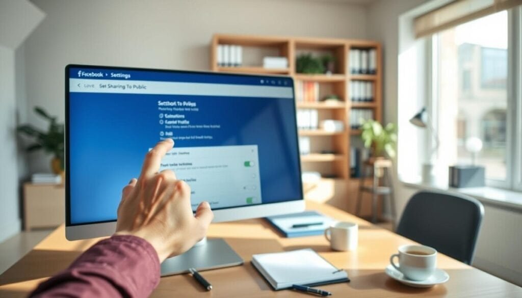 A spacious, well-lit office environment, focusing on a computer screen displaying Facebook's settings interface. In the foreground, a hand reaches towards the screen, clicking on the "Set Sharing to Public" option for reviews, symbolizing user action. The middle ground features a thoughtfully arranged desk with a notepad and a coffee cup, emphasizing a professional atmosphere. The background consists of a blurred bookshelf lined with business books, enhancing the sense of a productive workspace. Soft, natural light floods the room from a window, casting gentle shadows and creating a warm, inviting mood. The composition is shot at an eye-level angle, providing a clear view of both the screen and the user's interaction, suitable for an article about improving online review visibility.