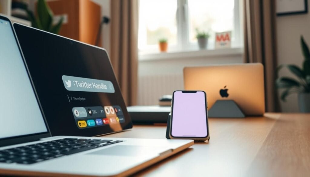 A stylish desktop and mobile setup showcasing the user interface of the X platform, displaying a prominent Twitter username. In the foreground, a sleek laptop with a clean screen reveals the user’s handle surrounded by vibrant icons representing notifications and messages. In the middle ground, a smartphone is positioned at an angle, screen lit up, complementing the ambiance of a productive environment. The background features a cozy workspace with soft, natural light streaming through a window, casting gentle shadows that enhance the inviting atmosphere. The mood is focused and professional, reflecting a seamless digital experience. Use a wide-angle perspective with a slight depth of field to emphasize the devices, creating a contemporary and tech-savvy aesthetic.