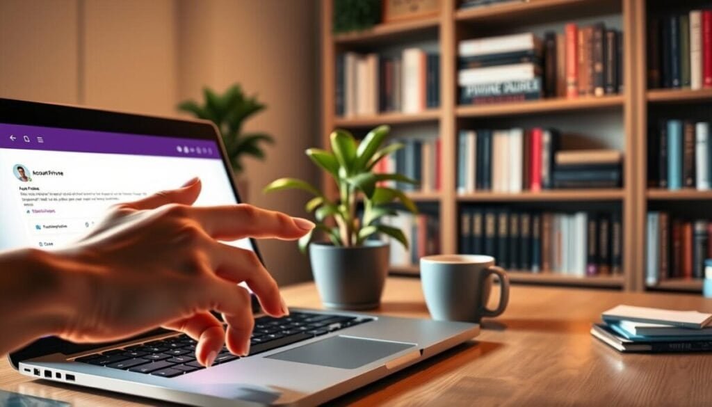 A tranquil digital workspace, featuring a modern laptop with a blurred screen displaying a profile page with the notification "Account Private" highlighted. In the foreground, a stylish hand with neatly manicured nails hovers over the keyboard, emphasizing privacy actions. The middle ground showcases a cozy, well-lit desk with a potted plant and a warm cup of coffee, suggesting a relaxed atmosphere. In the background, soft-focus bookshelves loaded with privacy-related books and technology guides add depth. The lighting is warm and inviting, casting gentle shadows that enhance the cozy feel. The composition conveys a sense of security and comfort in managing online privacy settings, highlighting the importance of digital privacy in everyday life.