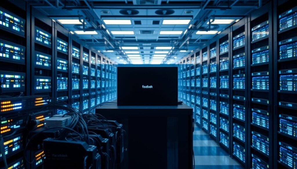 A vast, high-tech server room filled with rows of sleek, illuminated Facebook servers. In the foreground, a close-up view of a cluster of servers with blinking LED lights, showcasing intricate wiring and cooling systems. The middle layer reveals a panoramic view of the room, with servers neatly arranged in racks, reflecting a bright, blue-toned ambient light that enhances the technological atmosphere. In the background, the faint outline of server cabinets extends into the distance, creating a sense of depth. Soft, diffused lighting casts gentle shadows, emphasizing the modern architecture of the facility. The mood is serious and professional, conveying the immense scale and importance of data centers in managing user accounts and privacy considerations.