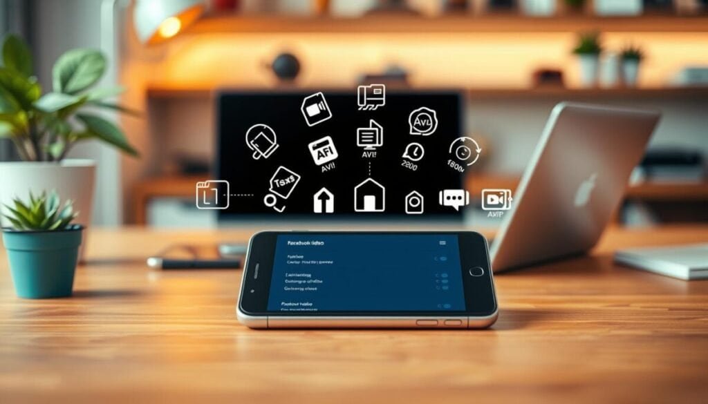 A vibrant and informative illustration depicting the concept of "Facebook video specifications" in a well-organized layout. In the foreground, a sleek, modern smartphone rests on a wooden desk, showcasing a Facebook video upload interface with clearly visible video settings. In the middle layer, various icons and symbols representing video formats (like MP4, AVI) and resolutions (720p, 1080p) are creatively arranged around the phone, giving a visual representation of specifications. The background features a softly blurred home office setting with warm and inviting lighting, featuring a plant and a laptop. The mood is professional yet engaging, emphasizing clarity and knowledge. Use a slight depth of field effect to draw attention to the smartphone and specifications, enhancing the educational aspect of the image.