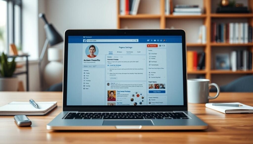 A vibrant and professional representation of a Facebook page displayed on a modern laptop screen in a stylish workspace. In the foreground, the laptop takes center stage with a clear view of the Facebook interface, showcasing the profile and settings menu. The middle ground includes a few office essentials like a notepad and a coffee cup, subtly suggesting a working atmosphere. In the background, a soft-focus bookshelf adds depth and an intellectual vibe to the scene. The lighting is bright and inviting, enhancing the clarity of the screen while casting gentle shadows on the desk. The overall mood is organized and focused, perfect for conveying a sense of preparedness and professionalism before addressing Facebook page issues.