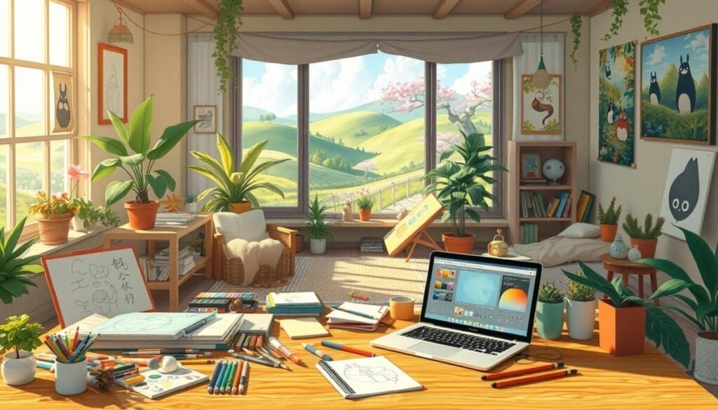 A vibrant and whimsical Studio Ghibli-inspired scene, featuring an imaginative artist workspace. In the foreground, a wooden desk cluttered with colorful art supplies, sketchbooks, and a laptop displaying artistic tools. The middle ground reveals a cozy, sunlit room adorned with lush plants, soft textiles, and posters of iconic Ghibli films. In the background, a large window offers a view of a fantastical landscape with rolling hills, cherry blossom trees, and whimsical creatures, reminiscent of a Ghibli film setting. Soft, warm lighting illuminates the space, creating an inviting and creative atmosphere. The mood is inspiring and enchanting, inviting viewers to immerse themselves in the world of Ghibli art creation. Capture the essence of imagination and creativity, showcasing an artist at work in a peaceful, dreamlike environment, without any text or distractions.