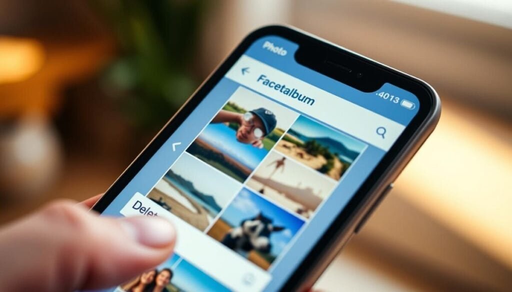 A vibrant, close-up image showcasing a smartphone displaying a Facebook interface, prominently featuring a photo album. The foreground includes a finger poised over the 'Delete' option, emphasizing user interaction. In the middle ground, bright, clear screenshots of several photos in a grid layout are visible, displaying a mix of landscape and portrait images. The background consists of blurred, soft hues that evoke a digital environment, suggesting a common living space where users typically manage their social media. Warm, natural lighting mimics a cozy atmosphere, allowing for an inviting yet informative mood. The angle is slightly tilted for a dynamic view, creating a sense of engagement and relevance to the theme of photo management on social media.