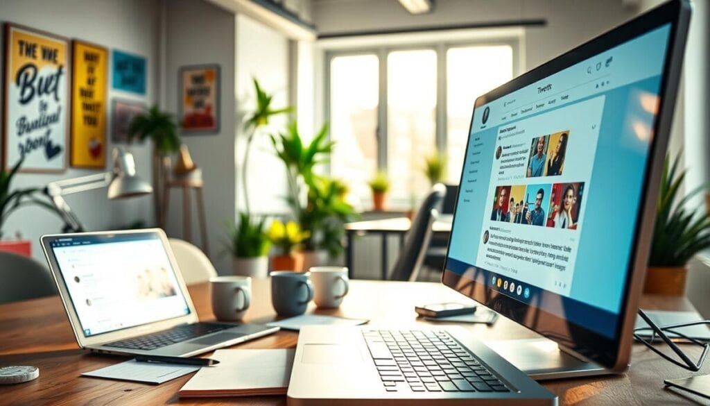 A vibrant digital workspace scene illustrating multiple tweets displayed on a sleek computer screen. In the foreground, close-up of the screen shows a colorful Twitter interface with multiple tweet previews, emphasizing unique content themes, hashtags, and vibrant images. In the middle ground, a laptop with a visible scheduling tool is open, with notes and coffee cups scattered around, signifying productivity. The background features a well-organized office with motivational posters and indoor plants, creating a modern and energetic atmosphere. Soft, natural lighting filters through a window, casting gentle shadows, while the overall mood conveys creativity and efficiency, ideal for maximizing Twitter presence. The composition should be shot from a slightly elevated angle to capture depth and engagement within the workspace.