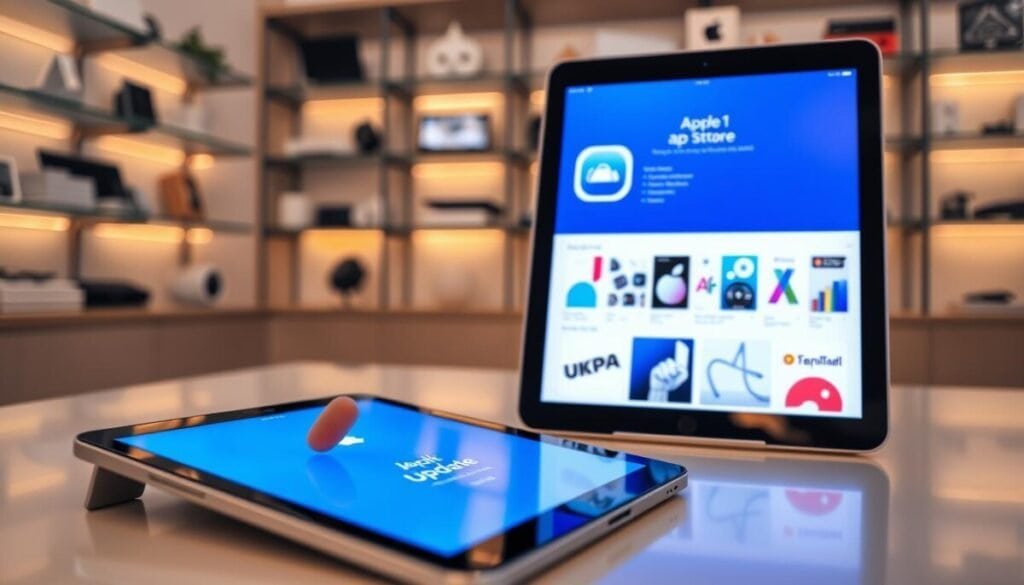 A vibrant scene inside an Apple App Store featuring a sleek iPhone and iPad displaying the App Store interface on their screens, showcasing a vibrant blue and white color scheme. In the foreground, a hand is gently tapping on the "Update" button of an app on the iPad. The middle layer includes rows of modern, minimalist app graphics, with light reflecting off the polished surfaces of the devices. The background features shelves filled with various tech gadgets and minimalist decor, softly illuminated by warm, inviting lighting, giving the store a cozy yet high-tech atmosphere. The image should convey a sense of ease and efficiency in navigating app updates, captured from a slightly elevated angle for a dynamic view. The overall mood is fresh, modern, and tech-savvy.