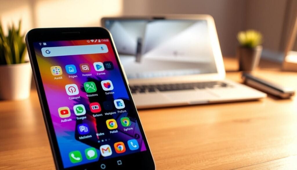 A vibrant, visually appealing Android home screen showcasing various app icons created using icon changers and launchers. In the foreground, a sleek smartphone is positioned at a slight angle, highlighting a colorful array of custom app icons with different styles and designs. The middle layer features a blurred, softly lit background of a modern, minimalistic desk workspace, complete with a laptop and a plant, suggesting a tech-savvy atmosphere. The lighting is warm and inviting, casting gentle shadows that enhance the screen's vivid colors. The overall mood conveys creativity and customization, emphasizing the personalization of technology in daily life. A vibrant, visually appealing Android home screen showcasing various app icons created using icon changers and launchers. In the foreground, a sleek smartphone is positioned at a slight angle, highlighting a colorful array of custom app icons with different styles and designs. The middle layer features a blurred, softly lit background of a modern, minimalistic desk workspace, complete with a laptop and a plant, suggesting a tech-savvy atmosphere. The lighting is warm and inviting, casting gentle shadows that enhance the screen's vivid colors. The overall mood conveys creativity and customization, emphasizing the personalization of technology in daily life.