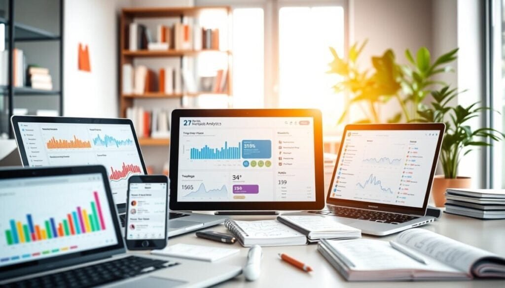 A vibrant workspace featuring a variety of tools for hashtag research and social media analytics. In the foreground, there are sleek laptops displaying colorful hashtag trends and analytics graphs, alongside a smartphone showing an app with trending topics. In the middle, a large tablet showcases a dashboard with popular hashtags and engagement metrics, surrounded by notepads filled with brainstorming notes. The background features a soft-focus bookshelf filled with social media marketing books and a potted plant, adding a touch of greenery. Bright, natural light streams in from a nearby window, creating an inviting atmosphere, while a modern office setting enhances the professional mood. The composition should be clear and organized, emphasizing the tools and their functionality without distractions.