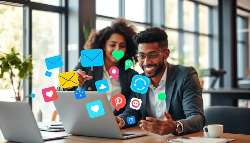 A vibrant workspace scene depicting two professionals engaged in a lively discussion. In the foreground, a diverse pair of individuals, one female and one male, wearing smart casual attire, are animatedly using a laptop, with one pointing at the screen while the other nods in agreement. In the middle ground, an array of colorful social media icons, such as reply arrows, reuse symbols, and pin markers, float around them, visually representing online engagement. The background features a stylish office environment with soft natural lighting filtering through large windows, creating a warm and inviting atmosphere. A hint of greenery can be seen outside, enhancing the sense of connection and interaction. The overall mood is dynamic, collaborative, and professional, perfect for illustrating engagement concepts.