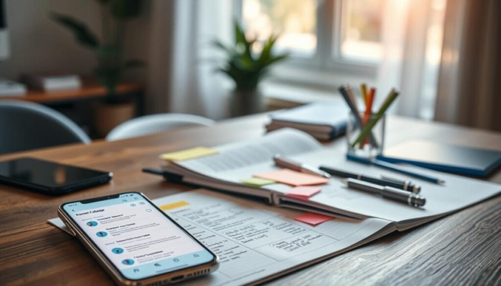 A visually appealing content calendar spread out on a stylish wooden desk. In the foreground, a sleek smartphone displaying a scheduling app, its screen lit up with vibrant colors showcasing scheduled tweets. In the middle, an open planner filled with handwritten notes and colorful sticky notes, surrounded by organized stationery items like pens and highlighters. The background features a softly blurred window with natural light streaming in, casting warm rays across the desk. The atmosphere conveys a sense of productivity and creativity, with a modern office setting that feels inviting and inspiring. The overall scene is well-composed, evoking a professional yet approachable mood.