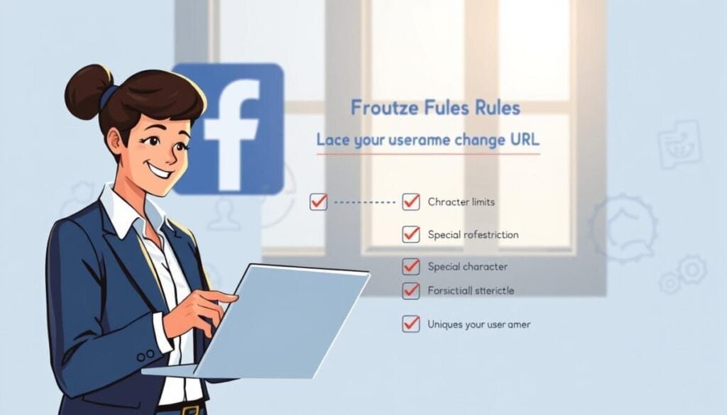 A visually appealing infographic-style illustration depicting Facebook username rules for changing URLs. In the foreground, a friendly, professional-looking person in smart casual attire is interacting with a laptop, analyzing username guidelines. In the middle, a checklist with clear, iconographic representations of the rules: character limits, special character restrictions, and uniqueness of the username, visually emphasized with checkmarks. The background features an abstract representation of the Facebook logo and social media elements, softly lit to create a welcoming atmosphere. Natural light comes from an open window, casting subtle shadows. The overall mood is informative and encouraging, inviting users to understand the necessary steps to successfully change their Facebook URL. A visually appealing infographic-style illustration depicting Facebook username rules for changing URLs. In the foreground, a friendly, professional-looking person in smart casual attire is interacting with a laptop, analyzing username guidelines. In the middle, a checklist with clear, iconographic representations of the rules: character limits, special character restrictions, and uniqueness of the username, visually emphasized with checkmarks. The background features an abstract representation of the Facebook logo and social media elements, softly lit to create a welcoming atmosphere. Natural light comes from an open window, casting subtle shadows. The overall mood is informative and encouraging, inviting users to understand the necessary steps to successfully change their Facebook URL.