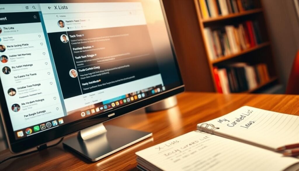 A visually engaging composition illustrating a digital workspace focused on "X Lists." In the foreground, a sleek, modern computer screen displays a neatly organized feed of tweets, each listing a diverse array of topics—tech, travel, and news. Next to the screen, a stylish notebook with handwritten notes titled “My Curated List” sits atop a polished wooden desk. In the background, there is a soft-focus bookshelf filled with inspiring books about productivity and social media strategies. The lighting is warm and inviting, accentuating the cozy yet professional atmosphere of the workspace. The angle captures both the screen and the notebook, creating a sense of personal engagement with the content. Overall, the image conveys a mood of inspiration and organization, perfect for showcasing effective tweet curation. A visually engaging composition illustrating a digital workspace focused on "X Lists." In the foreground, a sleek, modern computer screen displays a neatly organized feed of tweets, each listing a diverse array of topics—tech, travel, and news. Next to the screen, a stylish notebook with handwritten notes titled “My Curated List” sits atop a polished wooden desk. In the background, there is a soft-focus bookshelf filled with inspiring books about productivity and social media strategies. The lighting is warm and inviting, accentuating the cozy yet professional atmosphere of the workspace. The angle captures both the screen and the notebook, creating a sense of personal engagement with the content. Overall, the image conveys a mood of inspiration and organization, perfect for showcasing effective tweet curation.