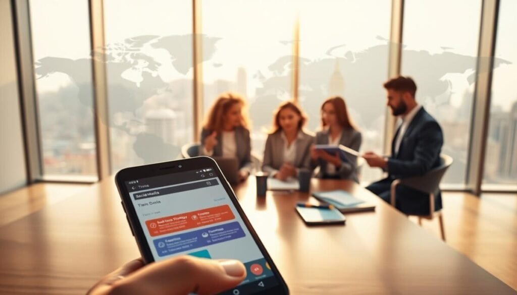 A visually engaging depiction of different time zones represented by a world map featuring various clocks showing different times. In the foreground, a smartphone displaying a scheduling app with colorful notifications. The middle ground includes a diverse group of professionals in business attire, engaged in a collaborative discussion about social media strategy. They are seated at a modern office table adorned with digital devices and notepads. The background features a large window with a city skyline, subtly hinting at globalization. Warm sunlight filters through, creating an inviting and productive atmosphere. Use a soft focus to emphasize the professionals while maintaining clarity in the clocks. Overall, convey a sense of connectivity, teamwork, and time management.