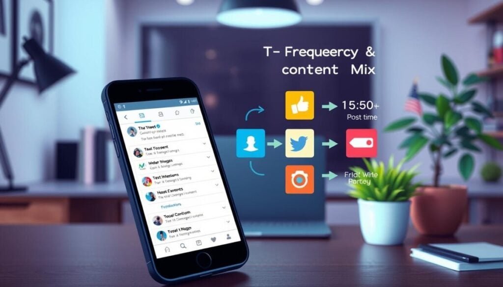A visually engaging digital illustration depicting the concept of "timing frequency content mix" in the context of social media. In the foreground, a mobile phone displays a neatly organized schedule of tweets, highlighting various types of content like text, images, and videos. In the middle ground, colorful icons represent different posting times and frequencies, with arrows indicating an optimal posting strategy. The background features a modern workspace with soft, ambient lighting, a sleek desk with a laptop and stationery, and a vibrant plant for a touch of nature. The mood is professional and productive, inviting creativity and strategy in social media usage. The angle should be slightly elevated, giving a clear view of the phone and illustrated elements without any text or overlays.