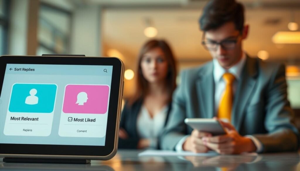 A visually engaging illustration depicting the concept of sorting replies in an online comment section, showcasing three distinct categories: "Most Relevant," "Most Recent," and "Most Liked." In the foreground, a sleek modern device, resembling a smartphone or tablet, displays an interactive interface with vibrant icons representing each category. In the middle ground, a blurred view of a professional individual in business attire, focused on the device, showcases an air of concentration and engagement with the digital content. The background features a soft, out-of-focus office setting with warm ambient lighting, conveying a productive atmosphere. The scene is captured from a slight overhead angle, emphasizing the device and user while creating depth. The overall mood is insightful and informative, ideal for an article section on effective comment management.