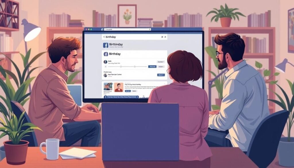 A visually engaging illustration depicting the process of changing one's birthday on Facebook via the Accounts Center. In the foreground, a diverse group of three individuals—two men and one woman—are gathered around a computer screen, appearing focused and engaged. They are dressed in smart casual attire, with a mix of light and warm colors. The middle ground features a large computer monitor displaying the Facebook interface, prominently showing the birthday edit section. The background exhibits a cozy home office setting, with bookshelves and plants, illuminated by soft, warm lighting to create a welcoming atmosphere. The overall mood is one of collaboration and problem-solving, reflecting the theme of troubleshooting. Capture this scene from a slightly elevated angle for a dynamic perspective.