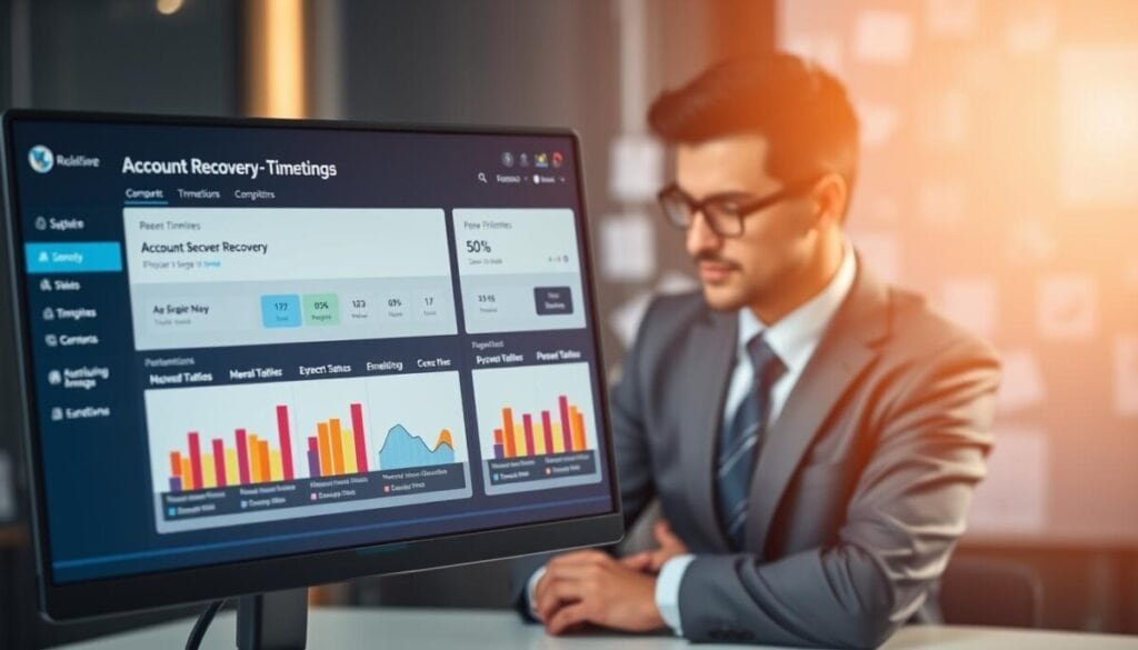 A visually engaging image depicting a digital interface showing timelines and status updates related to account recovery processes. In the foreground, a computer monitor displays a user-friendly dashboard with colorful graphs and charts illustrating review timelines and expected outcomes. The middle ground features a professional individual in smart business attire, intently analyzing data on the screen, exuding focus and determination. The background should include abstract elements representing social media icons and notifications, softly blurred to enhance depth. The atmosphere is calm yet purposeful, with warm, ambient lighting creating a sense of optimism and professionalism, captured from a slightly elevated angle to highlight both the screen and the individual’s engaged demeanor. A visually engaging image depicting a digital interface showing timelines and status updates related to account recovery processes. In the foreground, a computer monitor displays a user-friendly dashboard with colorful graphs and charts illustrating review timelines and expected outcomes. The middle ground features a professional individual in smart business attire, intently analyzing data on the screen, exuding focus and determination. The background should include abstract elements representing social media icons and notifications, softly blurred to enhance depth. The atmosphere is calm yet purposeful, with warm, ambient lighting creating a sense of optimism and professionalism, captured from a slightly elevated angle to highlight both the screen and the individual’s engaged demeanor.