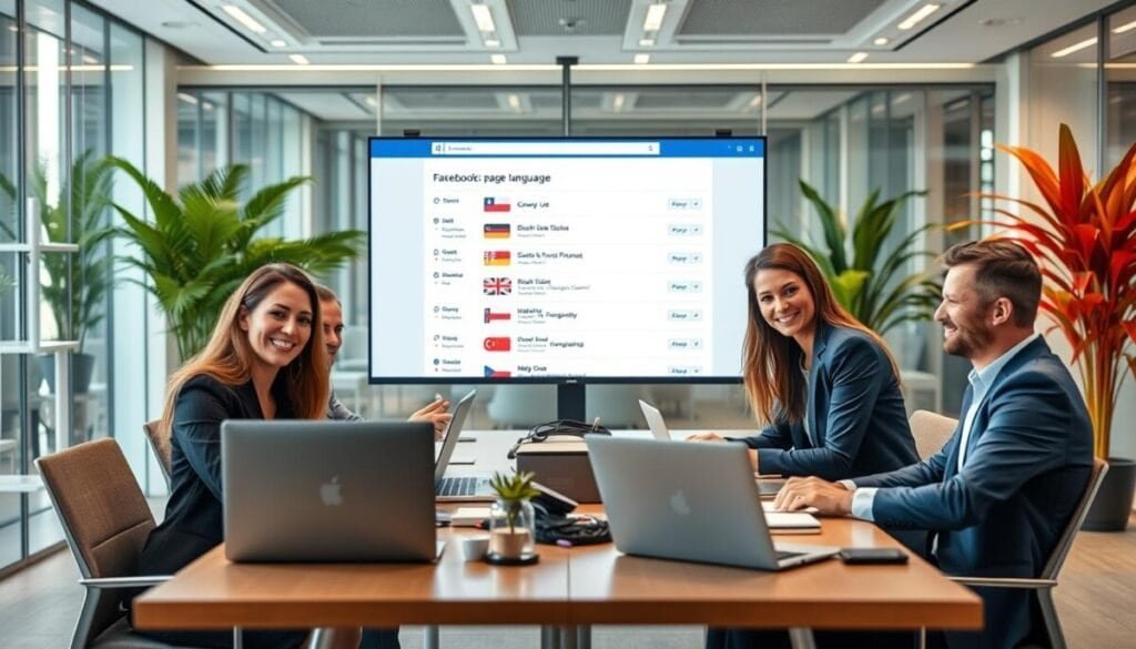 A visually engaging image illustrating the concept of "page language" for a digital environment. In the foreground, feature a diverse group of three professionals, two women and one man, all dressed in smart business attire, seated around a modern conference table cluttered with laptops and digital devices displaying various language settings. The middle ground showcases a large screen displaying the Facebook interface with different language options visibly highlighted. The background consists of a sleek office space with glass walls, soft lighting, and vibrant plants that enhance a collaborative atmosphere. Use a shallow depth of field to focus on the group while creating a warm and professional vibe, suggesting dialogue and engagement about language settings related to social media.