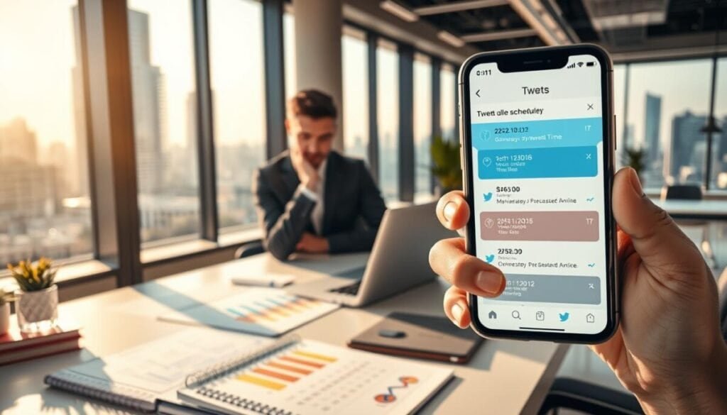 A visually engaging scene depicting a modern office workspace featuring an iPhone displaying a scheduling app for tweets. In the foreground, a professional-looking person, dressed in smart casual attire, is focused on their phone, with a thoughtful expression as they analyze tweet scheduling times. The middle ground showcases a sleek desk with a laptop, colorful graphs, and a notebook filled with notes on timing and analytics. In the background, large windows reveal a vibrant cityscape, bathed in warm morning light, suggesting productivity. The atmosphere is dynamic and optimistic, reflecting the importance of timing in social media engagement. The overall composition should be bright, well-lit, and inviting.