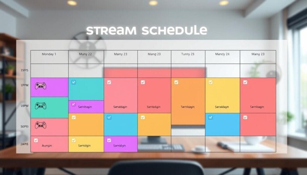 A visually engaging stream schedule layout, featuring a sleek, modern design that incorporates a weekly calendar grid. The foreground displays vibrant colored blocks representing different streaming times, each filled with representative icons such as game controllers or chat symbols. In the middle, there are subtle graphical elements like arrows and checkmarks that connote organization and efficiency. The background is a softly blurred workspace with ambient lighting, conveying a cozy yet professional atmosphere, evoking a sense of productivity. The scene is viewed from a slight overhead angle, using soft natural light to create an inviting and motivating mood. The overall aesthetic is clean and appealing, suitable for a digital content creator's plan, with no text or watermarks present.