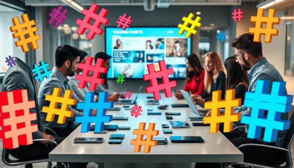 A visually engaging workspace featuring a diverse group of professionals, including both men and women dressed in smart casual attire, intensely discussing digital strategy around a sleek table scattered with smartphones and laptops. In the foreground, vibrant hashtag symbols in various sizes float above the table, incorporating colorful icons representing events and pop culture, like music notes, film reels, and sports gear. The middle ground showcases a large digital screen displaying trending hashtags alongside captivating images of recent events. The background is softly blurred, hinting at a trendy office environment with modern decor and ambient lighting that creates a collaborative atmosphere. The image conveys a sense of energy, creativity, and dynamic interaction, highlighting the importance of strategic hashtag use in enhancing visibility.