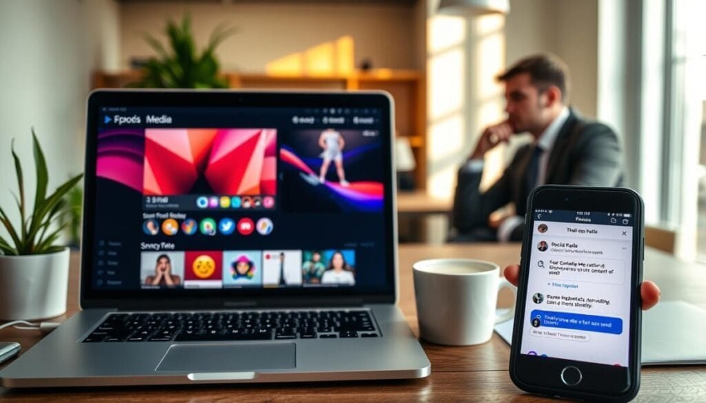 A visually engaging workspace scene illustrating the concept of media in social media engagement. In the foreground, a modern laptop displays vibrant images, GIFs, and video thumbnails, alongside colorful emoji icons. A close-up view of a smartphone shows an animated poll and a dynamic chat window, emphasizing interaction. The middle background features a bright, well-lit office with a professional individual, dressed in smart casual attire, thoughtfully reviewing their social media strategy. The setting includes a plant for a touch of nature and a coffee mug, conveying a creative atmosphere. Soft sunlight spills in from a nearby window, creating a warm and inviting mood. The scene captures a sense of innovation and excitement about enhancing social media posts with diverse media elements, inspiring engagement.