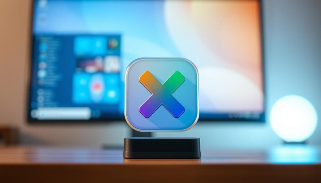 A visually striking app icon representing a desktop customization theme, designed to suggest the action of changing an icon. In the foreground, a sleek, modern app icon resembling a stylized 'X' is prominently displayed, rendered in vibrant colors such as blue and green against a smooth gradient background. The middle layer features a blurred image of a Windows desktop, with other application icons subtly visible to suggest context. In the background, soft lighting emanates from a computer monitor to create a warm and inviting atmosphere. The composition should convey a sense of professionalism and creativity, emphasizing ease of technology use. The lighting should be soft but bright enough to illuminate the icon clearly, creating a focus on the customization aspect without any distractions.