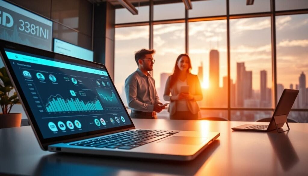 A visually striking illustration of third-party app changes in a digital workspace setting. In the foreground, a modern laptop with a sleek design displays various analytics and app icons, lit with soft blue and green hues, emphasizing a tech-savvy atmosphere. In the middle, a diverse group of three professionals, dressed in smart casual attire, are engaged in discussing these changes, their expressions serious yet optimistic. The background features a large smart screen showcasing charts and graphs that represent the evolving landscape of digital scheduling tools, with a futuristic city skyline visible through large windows, bathed in warm sunset lighting. The overall mood is collaborative and innovative, hinting at progress and adaptability in technology.