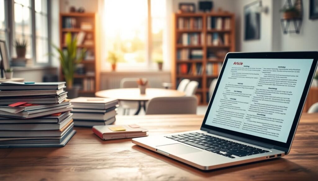 A visually structured workspace showing elements of article writing. In the foreground, a clean wooden desk with an open laptop displaying an organized document layout, featuring bullet points and headings. To the left, a stack of neatly arranged notebooks and colorful sticky notes conveying brainstorming ideas. In the middle ground, a well-lit bookshelf filled with neatly organized books related to writing and journalism techniques. The background presents a soft-focus view of a cozy office space with large windows allowing natural light to flood in, creating a warm and inviting atmosphere. Soft shadows and ambient light emphasize the structured, professional vibe of the scene, capturing the essence of organization and flow in writing. The overall mood should feel inspiring and focused, perfect for illustrating the concept of article structure.