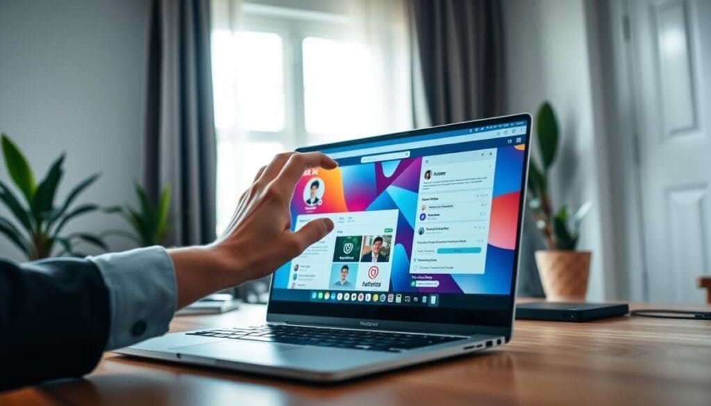 A well-lit workspace featuring a computer desk with a modern laptop open to the X website's profile picture settings page. In the foreground, a hand is seen adjusting the profile picture on the screen, wearing a smart casual outfit, suggesting a professional atmosphere. The middle layer showcases a colorful desktop background with branding elements related to digital communication. Soft natural light filters through a nearby window, illuminating the scene and creating a warm, inviting mood. In the background, a few potted plants add a touch of greenery, enhancing the aesthetic of a contemporary home office. The image is viewed from a slight angle, providing depth and focus on the screen while maintaining a clean and organized look.