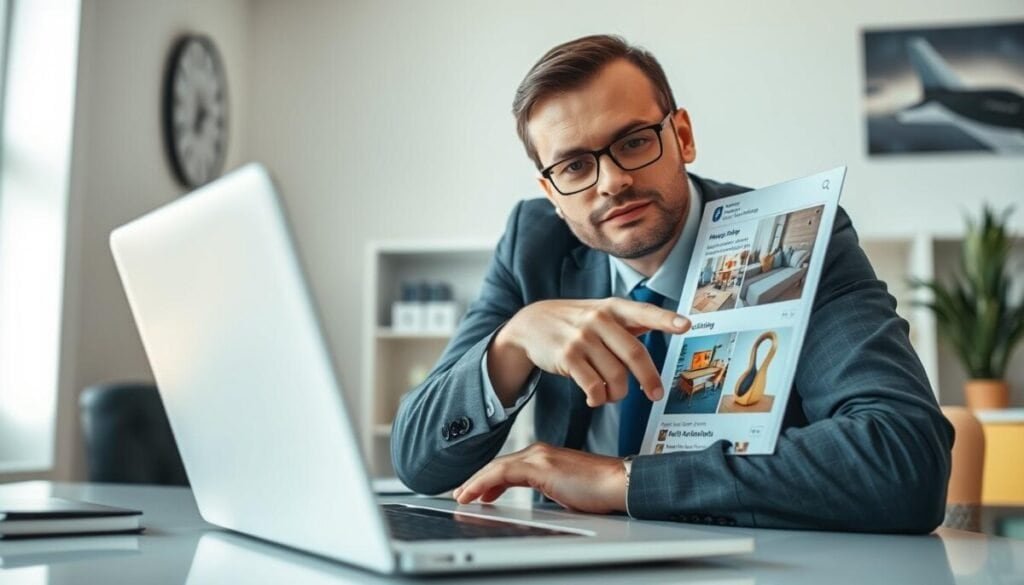 A well-organized workspace showing a person in professional business attire sitting at a desk, intently navigating the Facebook Marketplace interface on a laptop. The foreground features a close-up of the laptop screen displaying various items available for sale, while the middle ground presents the person with a focused expression, pointing at the screen as if troubleshooting issues related to shipping. In the background, a softly lit room with minimalistic decor conveys a modern, professional atmosphere. The lighting is bright and clear, suggesting a daytime setting, with a slight lens blur to emphasize the subject. The mood is one of determination, reflecting the challenges of dealing with shipping restrictions on an online marketplace.