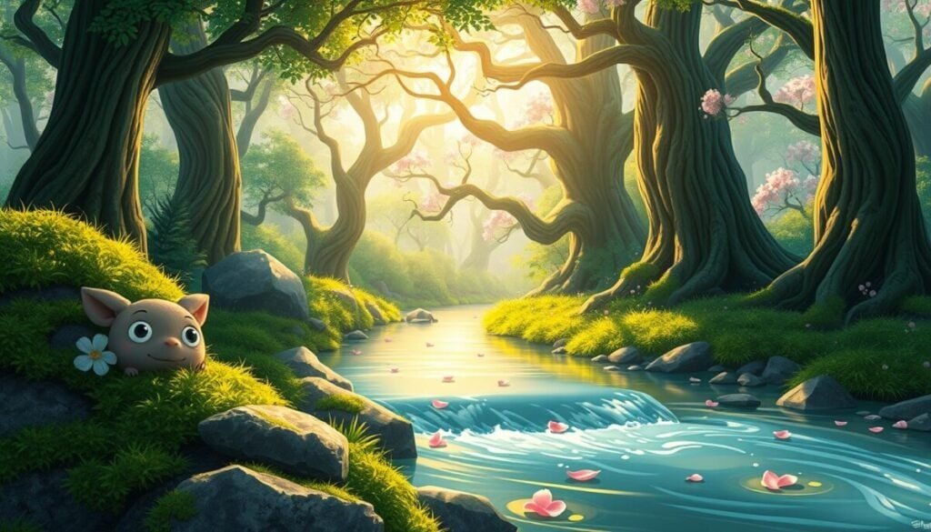 A whimsical forest scene in the enchanting style of Studio Ghibli, featuring vibrant colors and lush greenery. In the foreground, a small, serene creature with large expressive eyes, reminiscent of the spirits in "My Neighbor Totoro," is curiously peeking behind a moss-covered rock. The middle ground reveals a softly flowing stream with delicate, cherry blossom petals scattered across the water’s surface. In the background, towering trees with intricate, twisting branches create a magical canopy, filtered sunlight casting dappled shadows on the ground. The golden hour light bathes the scene in a warm glow, enhancing the tranquil and dreamlike atmosphere. The overall mood is one of wonder and creativity, inviting viewers to explore the charm of Ghibli-inspired art.