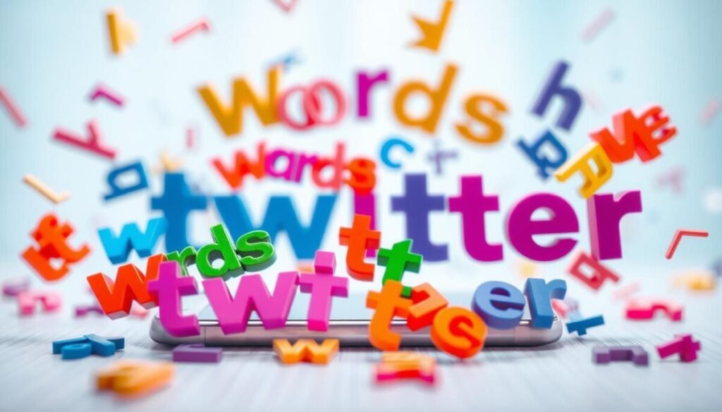 An abstract composition representing the phrase "words twitter," focusing on scattered, colorful text elements floating in a digital space. In the foreground, a cluster of vibrant, stylized letterforms in various fonts, each reflecting emotions like frustration and hope—symbolizing the complexity of online communication. The middle ground features a blurred outline of a smartphone screen, emphasizing social media interaction. The background is a soft gradient of blue and white, evoking a sense of calm amidst chaos, with faint binary code patterns suggesting digital communication. The lighting is bright and ethereal, creating a modern, tech-savvy atmosphere. The overall mood conveys contemplation and exploration, inviting viewers to think deeper about the nuances of muting words online.