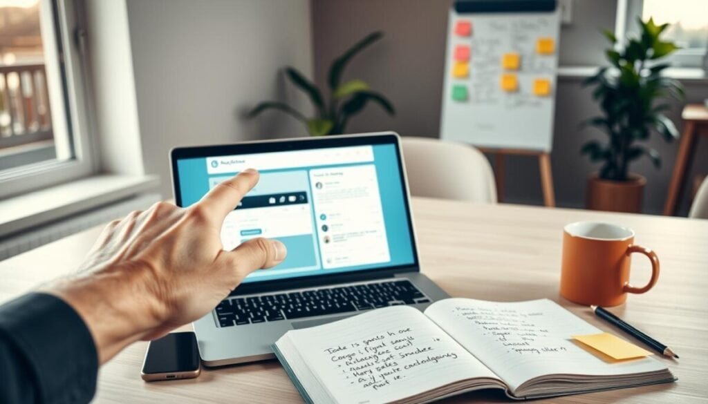 An indoor workspace with a modern desk setup, featuring a sleek laptop displaying a social media feed that appears frozen, surrounded by business tools like a smartphone and colorful post-it notes. In the foreground, a hand reaches out to touch the laptop screen, expressing frustration or curiosity. The middle ground includes an open notebook with handwritten troubleshooting ideas and a coffee mug. Soft, natural lighting filters in from a nearby window, creating a warm and focused atmosphere. The background shows a plant and a whiteboard with brainstorming notes, suggesting a collaborative effort to resolve the issue. The image conveys a mood of determination and professionalism in addressing technological challenges. An indoor workspace with a modern desk setup, featuring a sleek laptop displaying a social media feed that appears frozen, surrounded by business tools like a smartphone and colorful post-it notes. In the foreground, a hand reaches out to touch the laptop screen, expressing frustration or curiosity. The middle ground includes an open notebook with handwritten troubleshooting ideas and a coffee mug. Soft, natural lighting filters in from a nearby window, creating a warm and focused atmosphere. The background shows a plant and a whiteboard with brainstorming notes, suggesting a collaborative effort to resolve the issue. The image conveys a mood of determination and professionalism in addressing technological challenges.