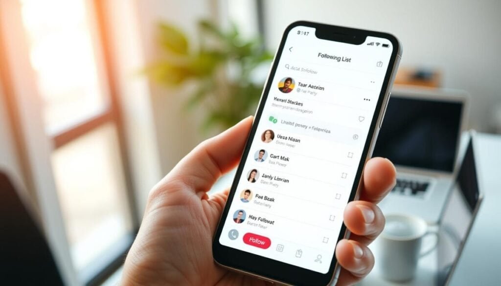 Create a visually appealing image showcasing a digital interface of a social media user following list. In the foreground, depict a sleek, modern smartphone held in a professional's hand, displaying a clean, organized layout of user avatars and names, with options to follow or unfollow highlighted. The middle layer should feature a softly blurred office environment, suggesting productivity and focus, with a subtle hint of a desk and a laptop in the background. Use natural lighting to create a warm, inviting atmosphere, enhancing the feeling of ease and familiarity with the interface. The angle should be a close-up of the phone screen, capturing the details of the user list while maintaining a professional aesthetic, suitable for an informative context.