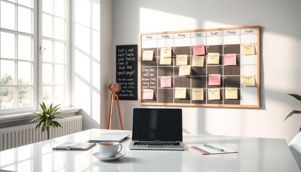 A bright and serene workspace with a large wall calendar showcasing a well-organized, color-coded day-themed schedule. In the foreground, an elegant desk with a laptop, stationery, and a steaming cup of coffee, reflecting a sense of deep focus. In the middle, a large chalkboard with inspirational quotes and post-it notes illustrating various themed blocks for tasks like "Creative Work," "Meetings," and "Admin Time." In the background, a window allows soft, natural light to flood the room, casting gentle shadows. The atmosphere is calm and productive, embodying the essence of time blocking for enhanced concentration. The setting should appear professional, with no people present, emphasizing the tools and structure for effective time management.