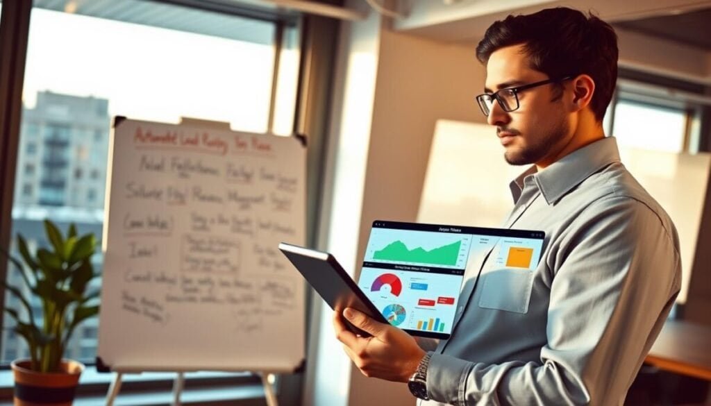 A business professional in smart casual attire, focused on a digital tablet, standing in an modern office environment. In the foreground, the tablet displays colorful graphs and charts illustrating various failure modes associated with automated lead routing. In the middle ground, a whiteboard is filled with notes and diagrams, providing a visual representation of common pitfalls and solutions. The background features a large window with soft, natural light pouring in, highlighting an urban cityscape. The overall atmosphere is one of concentration and preparedness, suggesting a proactive approach to potential issues. The scene is captured from a slightly elevated angle, using a warm color palette to convey a sense of calm and focus.