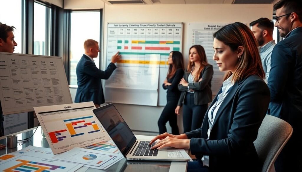 A busy office environment showing a diverse group of professionals managing multiple shifts. In the foreground, a focused woman in business attire is analyzing a complex schedule on a laptop, surrounded by colorful charts and shift patterns. In the middle ground, a group of colleagues in casual yet professional clothing are engaged in a discussion, pointing to a large wall chart depicting various shift schedules and locations. The background features a modern office skyline through large windows, illuminated by warm, natural light. The overall atmosphere is dynamic and organized, emphasizing collaboration and efficiency in managing daily location changes and diverse work hours. The image should convey productivity and focus in a contemporary workplace setting.