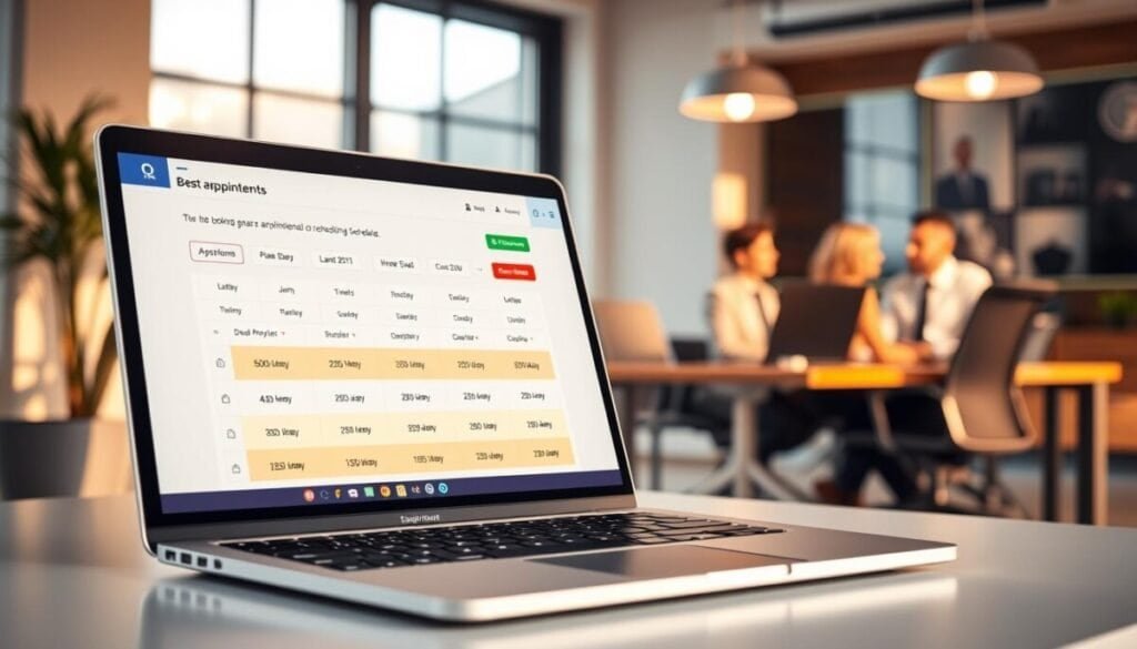 A clean and modern booking page displayed on a digital device, showcasing ideal use cases for professional scheduling. In the foreground, a sleek laptop with a colorful, user-friendly interface featuring appointment slots clearly arranged for different time zones. The middle-ground shows a well-lit office environment with a stylish desk and ergonomic chair, indicating productivity and organization. In the background, soft-focus images of diverse professionals in smart business attire, engaged in scheduling discussions, suggest collaboration and efficiency. Warm, natural lighting fills the space, creating an inviting, focused atmosphere. The angle is slightly elevated, offering a comprehensive view of the booking page in use, emphasizing user engagement and ease of access.