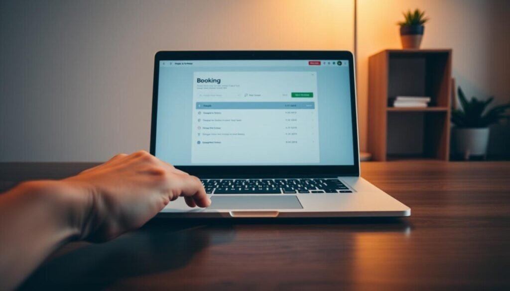 A clean and modern booking page interface displayed on a sleek laptop, set on a polished wooden desk. In the foreground, a hand hovers over the touchpad, indicating an interactive element of the page. The booking page features sections for selecting dates and times, with visually appealing buttons and dropdown menus. In the middle, a soft glow emanates from the screen, illuminating the face of the laptop and casting subtle shadows on the desk. The background includes a neat bookshelf with a few books and a small potted plant, enhancing the professional atmosphere. The lighting is warm and inviting, creating a productive mood while avoiding any clutter. The overall composition conveys efficiency and ease of use, perfect for managing and hiding appointment schedules.