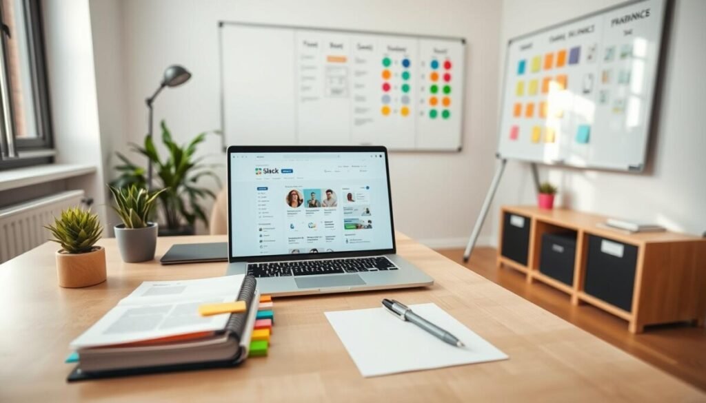 A clean and organized modern workspace tailored for a professional environment, featuring a sleek desk with a laptop displaying an open Slack interface. In the foreground, a neatly arranged planner, colorful sticky notes, and a stylish pen highlight productivity tools. The middle layer shows a comfortable ergonomic chair and a small indoor plant for a touch of nature, promoting a calming atmosphere. In the background, a whiteboard showcases categorized sections for Slack channels, with colorful markers indicating different roles. Soft, natural lighting filters through a nearby window, creating an inviting and focused mood. The scene is framed with a slight overhead angle, enhancing the sense of space and organization, while conveying a sense of clarity and purpose in the design, ideal for professionals aiming to optimize their workflow.