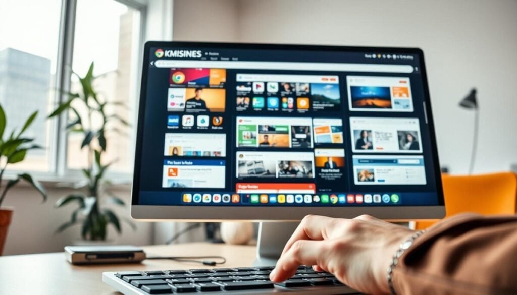 A clean and organized workspace featuring a computer screen displaying multiple browser tabs, showcasing a vibrant array of open tabs in a visually appealing manner. In the foreground, focus on a user's hands, poised over a keyboard, emphasizing active engagement with tab management. The middle ground should include clear visuals of the tabs, illustrating various categories like productivity, research, and leisure, with colorful icons and minimized windows. The background features a softly blurred office setting with natural lighting streaming through a window, creating a warm and inviting atmosphere. Capture a sense of optimization and efficiency, celebrating a streamlined workflow free from distractions. Use a 50mm lens effect to provide depth and a professional angle from slightly above. A clean and organized workspace featuring a computer screen displaying multiple browser tabs, showcasing a vibrant array of open tabs in a visually appealing manner. In the foreground, focus on a user's hands, poised over a keyboard, emphasizing active engagement with tab management. The middle ground should include clear visuals of the tabs, illustrating various categories like productivity, research, and leisure, with colorful icons and minimized windows. The background features a softly blurred office setting with natural lighting streaming through a window, creating a warm and inviting atmosphere. Capture a sense of optimization and efficiency, celebrating a streamlined workflow free from distractions. Use a 50mm lens effect to provide depth and a professional angle from slightly above.