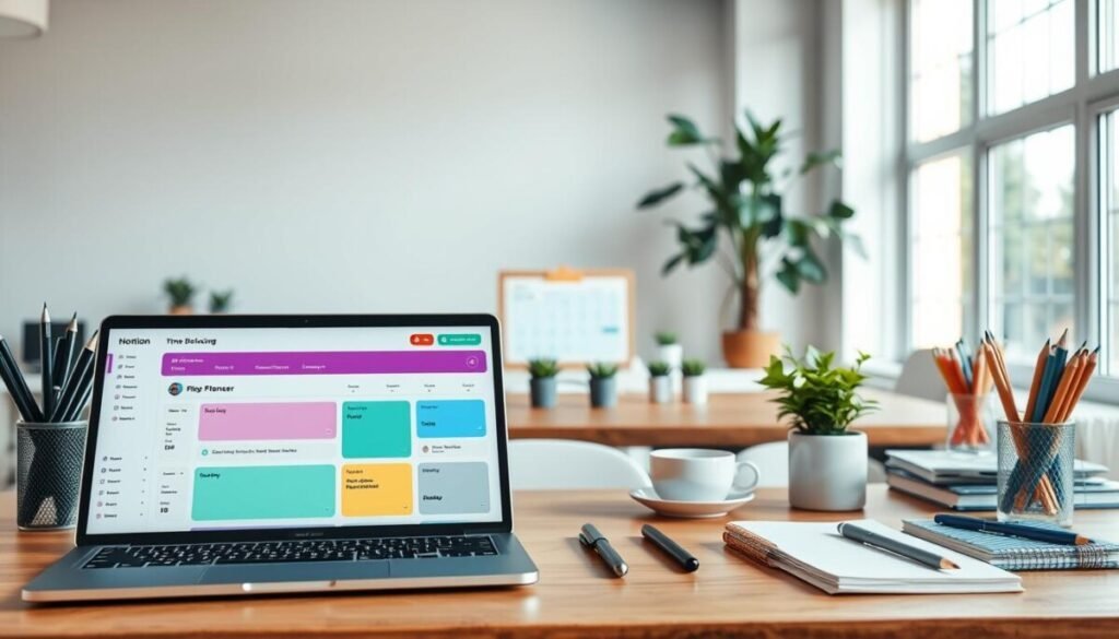 A clean, organized workspace illustrating the concept of "Notion time blocking." In the foreground, showcase a stylish laptop displaying a vibrant Notion dashboard with blocks for daily and weekly planning, filled with color-coded tasks. Surrounding the laptop, neatly arranged stationery items like pens and notebooks create a productive atmosphere. In the middle, a wooden desk with a calendar, potted plants, and a cup of coffee conveys comfort and focus. The background should feature a bright, airy office with large windows allowing natural light to fill the space, enhancing a sense of clarity and motivation. The overall mood is one of efficiency and inspiration, ideal for planning and organization.