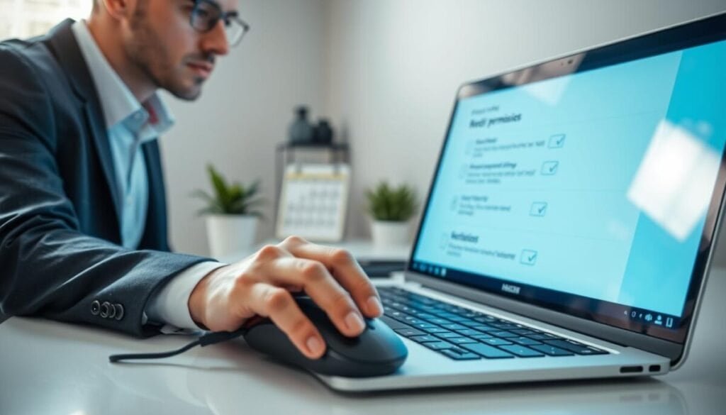 A close-up composition featuring a focused individual in professional attire seated at a sleek desk, intently examining a laptop screen displaying a digital interface with various account permissions and security checks. In the foreground, a hand hovers over a mouse, emphasizing the act of clicking to verify permissions. The middle layer showcases the vibrant screen filled with icons and checkboxes representing different permission settings, illuminated by soft blue light emanating from the screen. In the background, subtle hints of office decor, such as a potted plant and a calendar, set a professional atmosphere. The overall lighting is bright yet gentle, creating a sense of urgency mixed with professionalism, as if the verification process is crucial for a successful live event. A close-up composition featuring a focused individual in professional attire seated at a sleek desk, intently examining a laptop screen displaying a digital interface with various account permissions and security checks. In the foreground, a hand hovers over a mouse, emphasizing the act of clicking to verify permissions. The middle layer showcases the vibrant screen filled with icons and checkboxes representing different permission settings, illuminated by soft blue light emanating from the screen. In the background, subtle hints of office decor, such as a potted plant and a calendar, set a professional atmosphere. The overall lighting is bright yet gentle, creating a sense of urgency mixed with professionalism, as if the verification process is crucial for a successful live event.