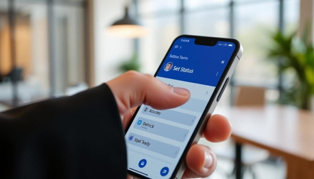 A close-up of a smartphone displaying the "Set Status Message" feature in Microsoft Teams. The focus is on a well-organized and user-friendly interface, with a status message clearly visible, such as “Away until Monday.” In the foreground, a hand dressed in professional attire gently taps on the screen, indicating user interaction. The background is softly blurred to depict a modern office setting with a hint of natural light filtering through a window, creating a warm, inviting atmosphere. The lighting is bright but soft, emphasizing the smartphone's screen while keeping the overall mood professional and focused. The scene conveys the concept of managing availability seamlessly while on the go.