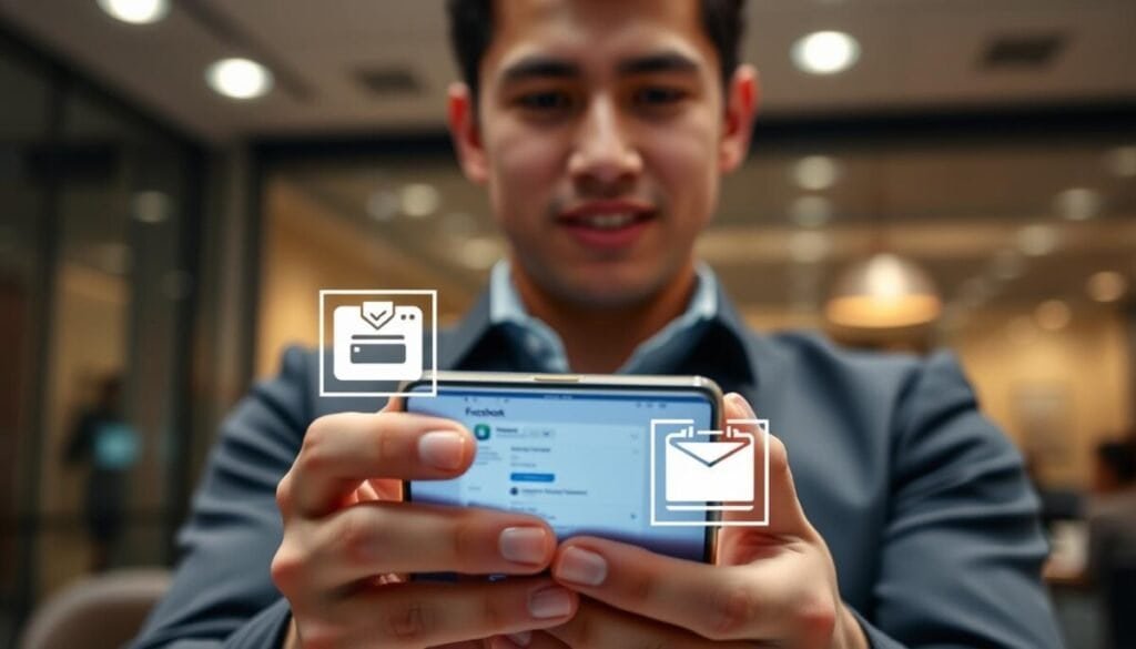 A close-up of a smartphone held by a professional, young adult in business casual clothing, focused on the Facebook app interface showing a user profile. The foreground highlights the casual, confident expression of the person, showcasing their hands as they navigate the app. In the middle ground, the glowing smartphone screen displays a blurred view of a profile picture editing feature, with icons symbolizing system app conflicts subtly positioned around it. The background features a modern office setting with soft, ambient lighting that adds a warm and inviting atmosphere. The shot is taken at a slight angle, emphasizing the user's interaction with the technology, conveying a sense of urgency and determination to solve the issue. A close-up of a smartphone held by a professional, young adult in business casual clothing, focused on the Facebook app interface showing a user profile. The foreground highlights the casual, confident expression of the person, showcasing their hands as they navigate the app. In the middle ground, the glowing smartphone screen displays a blurred view of a profile picture editing feature, with icons symbolizing system app conflicts subtly positioned around it. The background features a modern office setting with soft, ambient lighting that adds a warm and inviting atmosphere. The shot is taken at a slight angle, emphasizing the user's interaction with the technology, conveying a sense of urgency and determination to solve the issue.